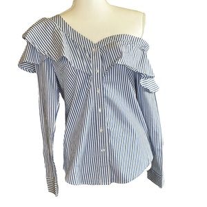 XOXO Asymmetrical Off the Shoulder Blue and White Stripe Shirt
